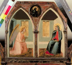 O St. Giusto Polytych, detalhe mostrando a Anunciação (tempera no painel)